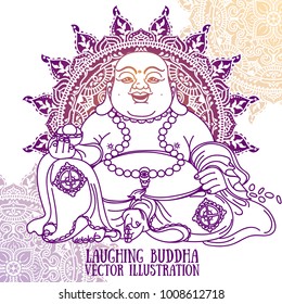 Laughing Buddha on beautiful mandala, traditional asian Feng Shui talisman Hotei or Budai, vector illustration