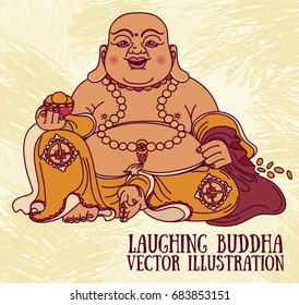 Laughing Buddha, traditional asian Feng Shui talisman Hotei or Budai, vector illustration 
