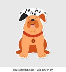 Laughing bulldog dog sticker on an isolated background. A sticker with a cheerful dog and the inscription Hahaha. A humorous hand-drawn picture for social media design, web design and logo.