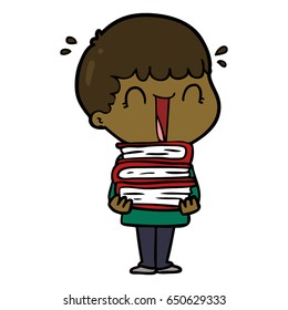 laughing cartoon man holding stack of books