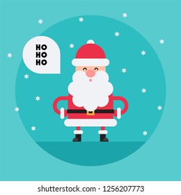 Laughing cartoon Santa Claus in flat style saying Ho-ho-ho Funny white-bearded, red-suited, and jolly old man. Vector flat style cartoon illustration isolated on light blue background