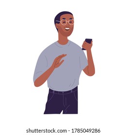 Laughing casual black skin guy reading funny information at smartphone vector flat illustration. Smiling bearded man in glasses holding mobile having joyful face expression isolated on white