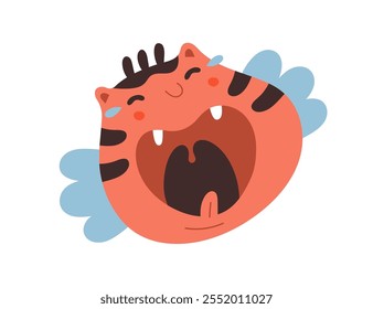 Laughing cat character with open mouth, joyful expression. Funny cute feline avatar, quirky whimsical portrait with tears of joy, laughter. Humor flat vector illustration isolated on white background