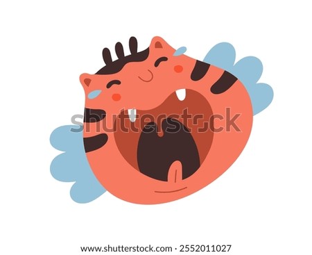 Laughing cat character with open mouth, joyful expression. Funny cute feline avatar, quirky whimsical portrait with tears of joy, laughter. Humor flat vector illustration isolated on white background