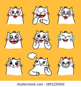 Emoticonos de gatos riéndose. Animación de mascotas felices con ojos grandes, emociones lindas de animales domésticos, ilustración vectorial de gatos amorosos y sonrientes aislados en fondo amarillo