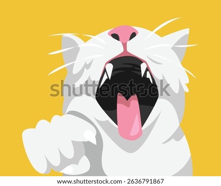  Laughing cat with its mouth wide open, eyes squinting in joy, and one paw playfully pointing forward. Cartoon vector illustration.