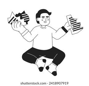 Laughing caucasian toddler tears paper black and white 2D cartoon character. Child playing. Naughty kid giggles isolated vector outline person. Childhood behavior monochromatic flat spot illustration