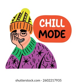 A laughing character in chill mode, flat typographic sticker 
