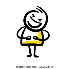 Laughing character hand drawn in doodle line art style. Vector illustration of very happy man holding his stomach with hands.