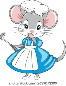 Laughing chef mouse with a ladle in her hand. Vector