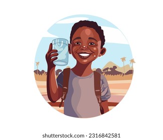  Laughing child in Africa close-up drinks water water from mug of water. Drought, lack of water problem. Flat vector illustration
