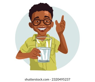  Laughing child in Africa close-up drinks water water from mug of water. Drought, lack of water problem. Flat vector illustration