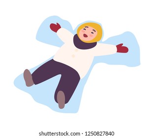 Laughing child lying on ground and making snow angel. Entertaining winter activity for kids, childhood game. Happy cartoon character isolated on white background. Vector illustration in flat style.