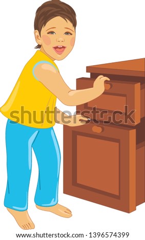 Laughing child opens the dresser. Vector