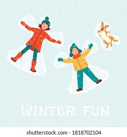 Laughing children and a dog make a snow angel. Happy childhood with a pet. Concept of winter outdoor activities, fun, holidays. Template for New Year's Christmas card, invitation. Vector illustration