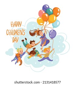 Niños riéndose vuelan agarrando un montón de globos. Día de los niños.  Ilustración vectorial. 