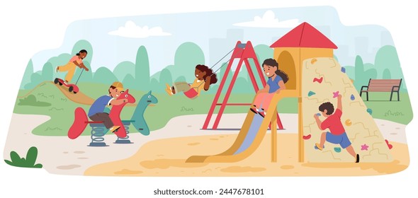 Los Niños Riendo Envuelven El Patio De Juegos, Balanceándose Enérgicamente, Deslizándose Rápidamente Y Escalando Con Alegría Sin Miedo, Su Charla Animada Se Mezcla Con Sonidos Ambientales De Juego Alegre. Ilustración vectorial