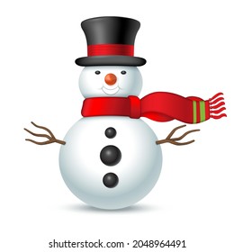 Laughing Christmas snowman in top hat and waving red scarf. Vector illustration on white background