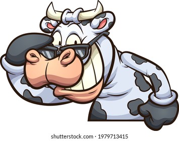 Laughing Cow Taking Sunglasses Off. Vector Clip Art Illustration With Simple Gradients. All On A Single Layer.
