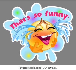 Laughing and crying emoticon sticker with blue background for messenger and applications