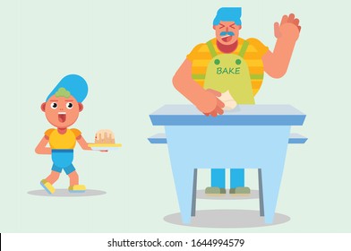 A laughing dad looking at his son service a cake. Simple Easter vector illustration, this illustration can use as a sticker also. 