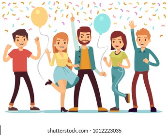 Laughing and dancing young people at party. Happy men and women celebrate important event. Vector illustration. People on party, woman and man group happiness