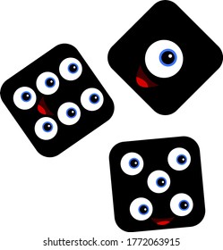 Laughing dice for board games set of cartoon characters with different numbers of an object on a white background.