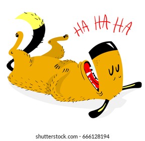 Laughing dog. The dog laughs and rolls on the floor on the back. Good emotion. Vector illustration with cute funny pet