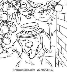 Laughing dog wearing famer had under the lemon tree coloring page