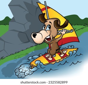 Laughing Doggy Surfs on the Sea Waves - Colored Cartoon Illustration with Background, Vector