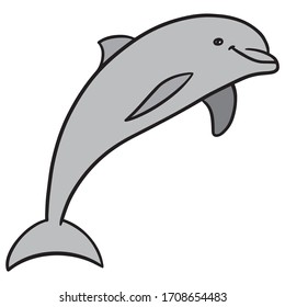 laughing dolphin jumps. gray, isolated, comic.