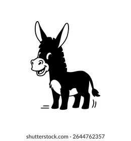 Laughing donkey character in bold black outline, standing with a happy expression. Vector Illustration