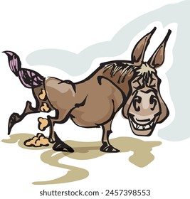 Laughing donkey pooing, freehand drawn cartoon