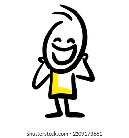 Laughing doodle stickman with hands up. Vector character illustration in funny sketch style.