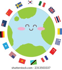 Laughing Earth Character and World Flag Illustration