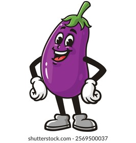 Laughing Eggplant Cartoon Character Mascot Illustration Vector Clip-art Hand-drawn Logo Design