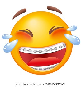 Laughing emoji with dental teeth braces. Emoticon on white background. Cute emoticon