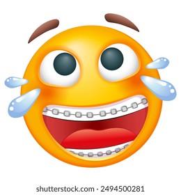 Laughing emoji with dental teeth braces. Emoticon on white background. Cute emoticon