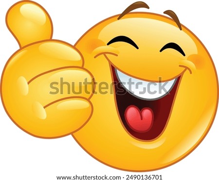 Laughing emoji emoticon showing thumb up gesture, like hand sign