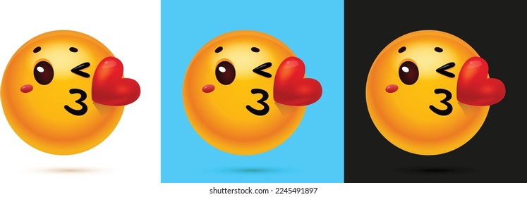 Laughing emoji with one hearts, Emoji vector set, A laughing face emoji giving kiss and rosy cheeks in multiple colors backgrounds, emotion showing love, happy face, glossy effect, emojis vector