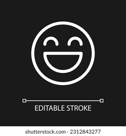 Laughing emoji pixel perfect white linear ui icon for dark theme. Feelings expression. Vector line pictogram. Isolated user interface symbol for night mode. Editable stroke. Arial font used