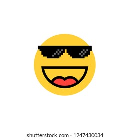 laughing emoji with pixelart glasses. flat cartoon trend minimal 8bit expression logotype graphic design element isolated on white. concept of trendy people or hipster and thug life or tgif meme