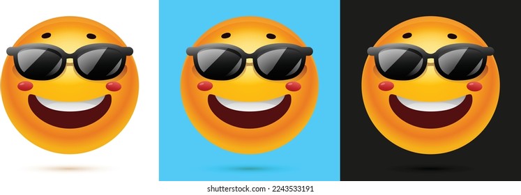 Laughing emoji with sunglasses, emoji cute yellow face with sun glasses in multiple colors backgrounds, emotion showing happy, naughty face, glossy effect, Emoji vector illustration