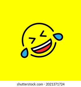 Laughing emoji with tears and closed eyes. Laughter to tears smile. Popular chat elements. Trending emoticon on yellow background. Vector EPS 10