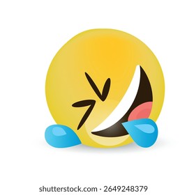 Emoji risada com lágrimas - Engraçado rosto amarelo ícone ilustração vetor. Ilustração de vetor brilhante de um emoji amarelo rindo com lágrimas de alegria, rosto expressivo inclinado para os lados.