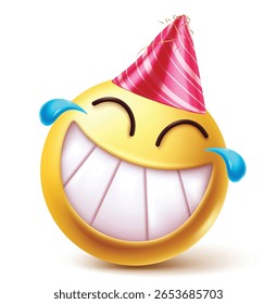 Emoji risadinha com lágrimas usando um chapéu de festa perfeito para aniversários e celebrações divertidas. Ilustração vetorial