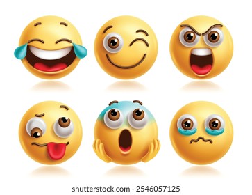 Conjunto de caracteres de vetor emojis risonhos. Emojis 3d ícone clip art coleção de personagens em piscando, feliz, gritando, impertinente, grito e implorando expressão facial. Ilustração vetorial risada 