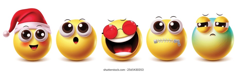 Laughing emoji vector characters set. Emojis clipart cute xmas santa character with yellow icon elements facial expressions like cute, shock, laugh, dumb and worried emotions. Vector illustration 