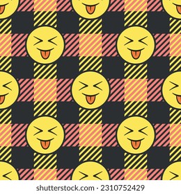 Laughing emoji vector seamless pattern. Happy hippie gingham background. Best for textile, wallpapers, home decoration, wrapping paper, package and web design.