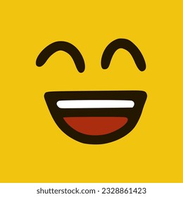 Laughing emoticon in doodle style yellow background. Vector Illustration